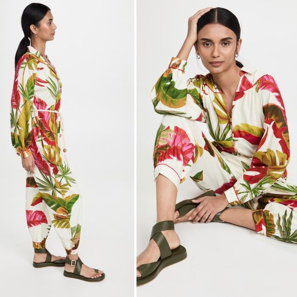 NWT Farm Rio Spring Forest Jumpsuit Tropical Linen Blend Slouchy As Seen On XS - Picture 3 of 15